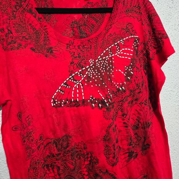 Cato Womens Butterfly Sheer Mesh Rhinestone Y2K T-Shirt Size XL Grunge Biker - Picture 3 of 8
